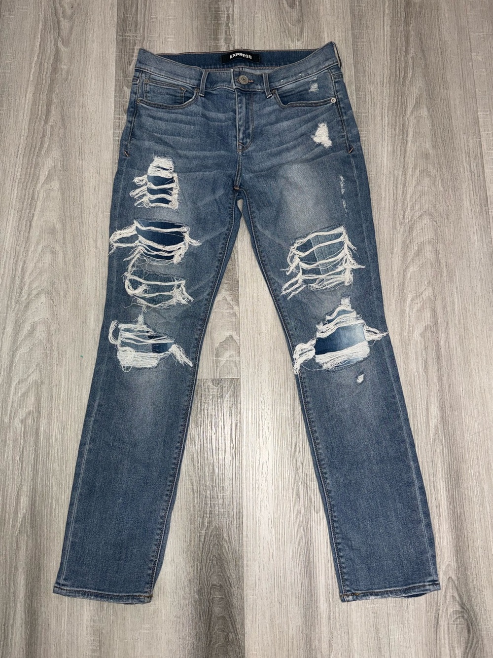 Express Stretch+ Performance Cropped Skinny Mid Rise Jeans Blue Distressed